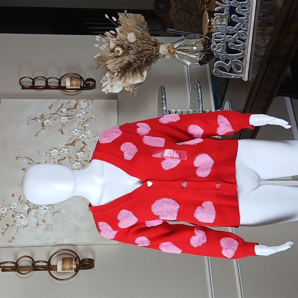 New Red And Pink V-Neck Embellished Cardigan With Heart Shape Buttons. XXS
